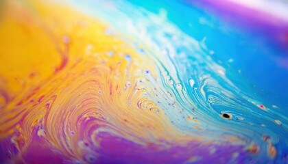 Poster - vibrant abstract macro swirl of soap film with rainbow oil texture in yellow, blue, and purple tones for modern web design, branding, or digital print background

