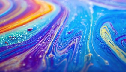 Poster - vivid fluid art closeup with swirling neon blue, purple, and yellow acrylic patterns for modern branding, abstract web design, digital backdrop, or print poster

