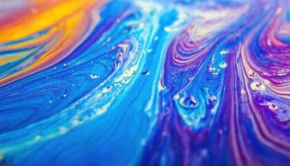 Poster - vivid fluid art closeup with swirling neon blue, purple, and yellow acrylic patterns for modern branding, abstract web design, digital backdrop, or print poster

