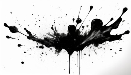 Poster - dynamic black ink splash explosion on white background with dripping trails and scattered droplets ideal for grunge poster, branding, or abstract web design

