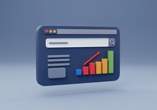 A stylized web browser window displaying a rising bar graph and search bar