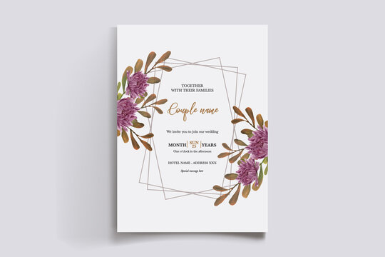WEDDING INVITATION FRAME WITH FLOWER DECORATIONS AND FRESH LEAVES