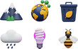 © Aether Io - Stylized 3D Earth icon with trees rain cloud recycle bin lightbulb mountains and bee icon set isolated on black