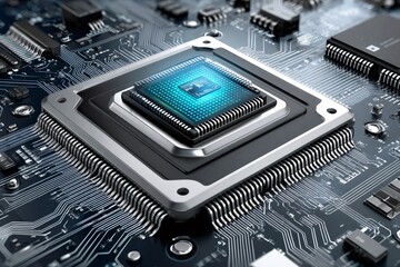 Poster - Cpu processing data on motherboard, futuristic technology in action