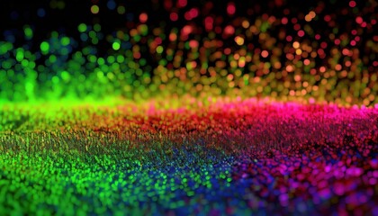 Aufkleber - vibrant rainbow bokeh pattern on black background with glowing neon dots in gradient flow, perfect for digital wallpaper, branding, web design, and print graphic

