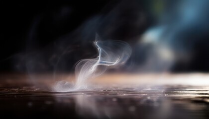 Poster - ethereal white smoke swirl rising over dark moody surface with soft reflections and blurred gradient background for surreal branding, web design, or abstract print


