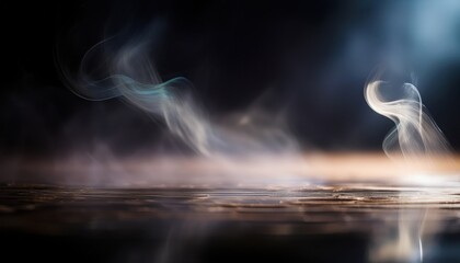 Poster - ethereal white smoke swirl rising over dark moody surface with soft reflections and blurred gradient background for surreal branding, web design, or abstract print

