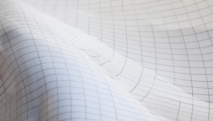 Poster - curved close-up of white graph paper with fine blue grid lines and glossy surface reflection, ideal for web design, branding element, or geometric background texture

