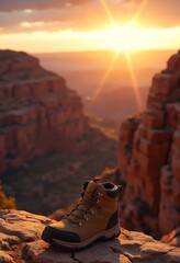 Poster - Hiking boot stands on rock outcropping overlooking canyon landscape during golden hour light with hiking adventure vibe