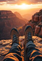 Poster - Hiking boot stands on rock outcropping overlooking canyon landscape during golden hour light with hiking adventure vibe