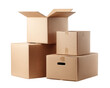 © Alice a. - Stacked cardboard boxes with one open on top, isolated on transparency background, showing various sizes and taped closures for storage or moving purposes