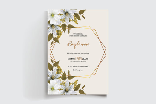WEDDING INVITATION FRAME WITH FLOWER DECORATIONS AND FRESH LEAVES
