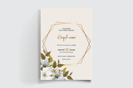 WEDDING INVITATION FRAME WITH FLOWER DECORATIONS AND FRESH LEAVES