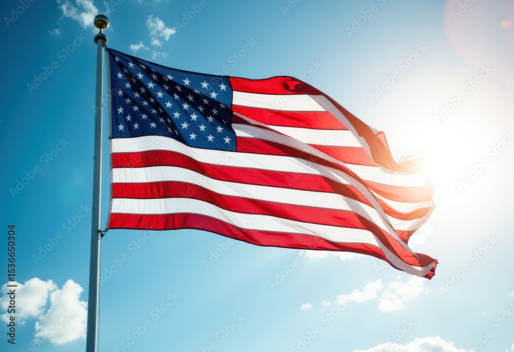 American flag waving against a bright blue sky with sunlight Stock ...