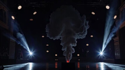 Poster - Powerful controlled fire explosion rising from a black box placed center stage during a show with spotlights illuminating the scene and creating a dramatic atmosphere