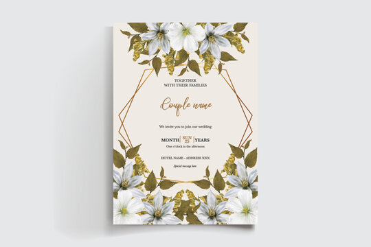 WEDDING INVITATION FRAME WITH FLOWER DECORATIONS AND FRESH LEAVES