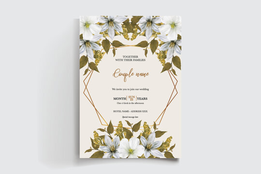 WEDDING INVITATION FRAME WITH FLOWER DECORATIONS AND FRESH LEAVES