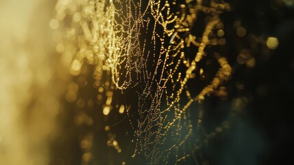 Dew-kissed spider web illuminated by golden light.