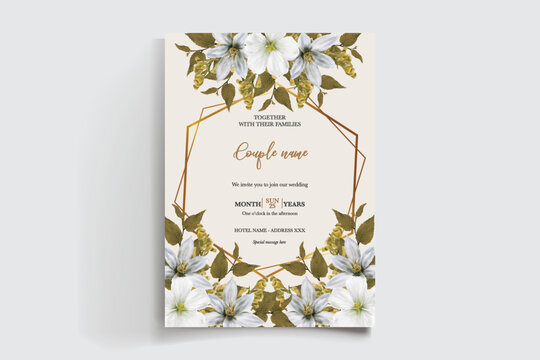 WEDDING INVITATION FRAME WITH FLOWER DECORATIONS AND FRESH LEAVES
