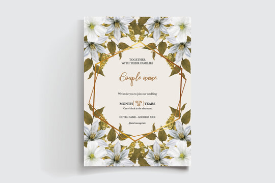 WEDDING INVITATION FRAME WITH FLOWER DECORATIONS AND FRESH LEAVES