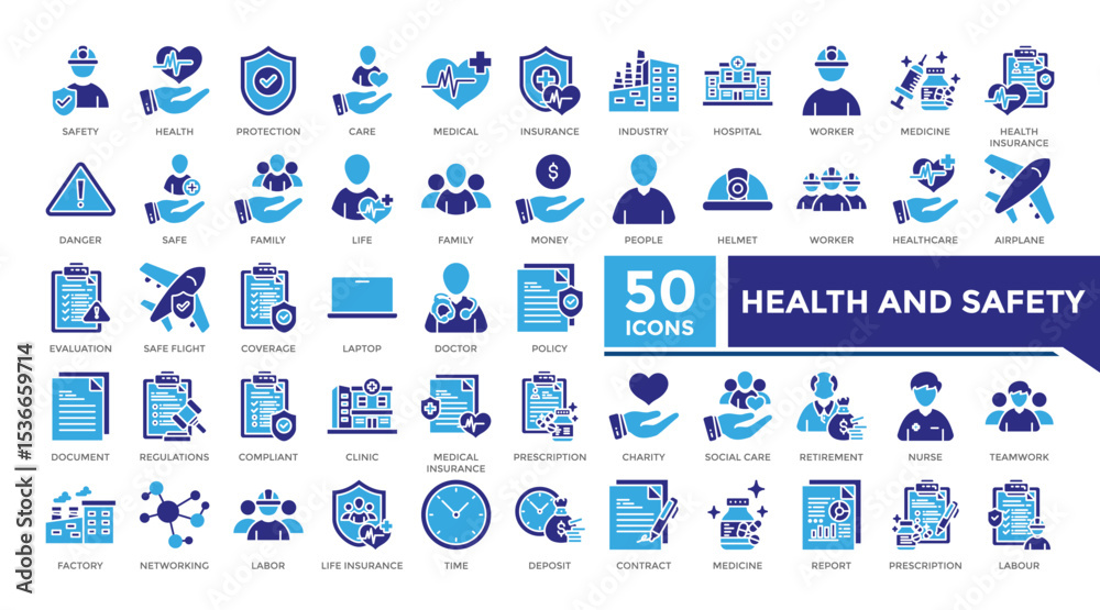 Health and safety icon solid two color set collection. This set ...