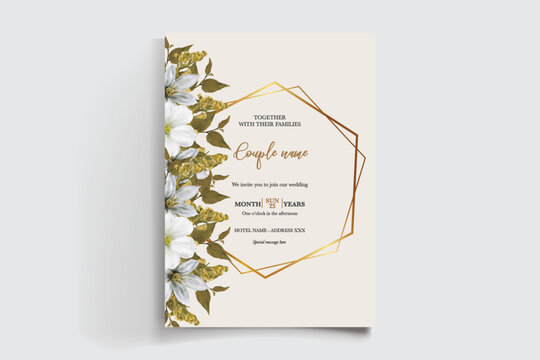 WEDDING INVITATION FRAME WITH FLOWER DECORATIONS AND FRESH LEAVES