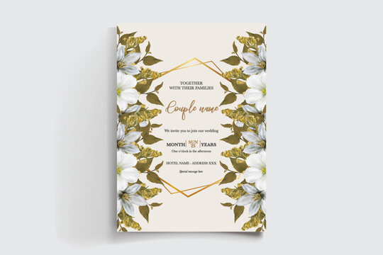 WEDDING INVITATION FRAME WITH FLOWER DECORATIONS AND FRESH LEAVES