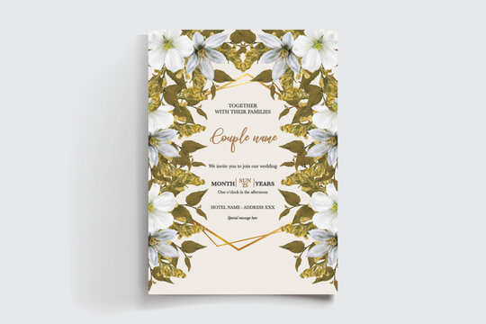 WEDDING INVITATION FRAME WITH FLOWER DECORATIONS AND FRESH LEAVES
