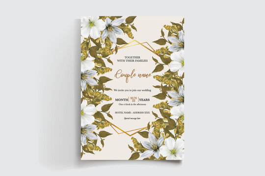 WEDDING INVITATION FRAME WITH FLOWER DECORATIONS AND FRESH LEAVES