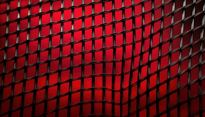 Poster - abstract twisted black wire grid pattern over vibrant red gradient background with geometric mesh design, ideal for web design, poster, or tech branding graphic

