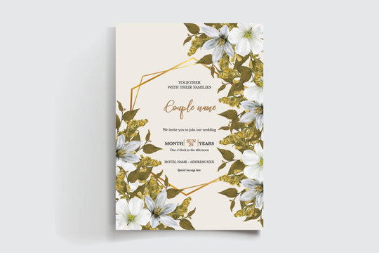 WEDDING INVITATION FRAME WITH FLOWER DECORATIONS AND FRESH LEAVES