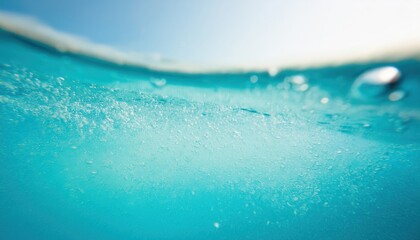 Poster - underwater view of clear turquoise ocean surface with rising bubbles and sunlit waves for aquatic branding, wellness design, or marine inspired background

