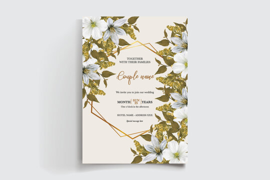 WEDDING INVITATION FRAME WITH FLOWER DECORATIONS AND FRESH LEAVES