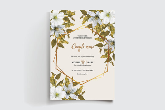 WEDDING INVITATION FRAME WITH FLOWER DECORATIONS AND FRESH LEAVES