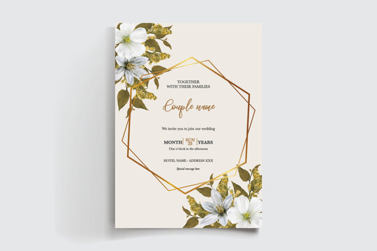 WEDDING INVITATION FRAME WITH FLOWER DECORATIONS AND FRESH LEAVES