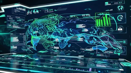 Poster - Complex digital interface displaying world map with data streams, percentages, graphs, and security lock, representing global network security and data protection