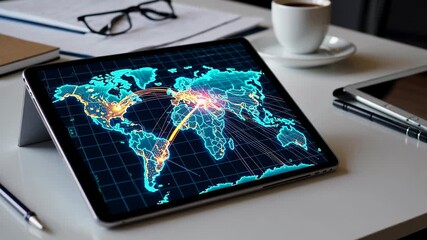 Poster - Digital world map displayed on a tablet, illustrating interconnected global business networks in a modern office setting with coffee, glasses, notepad, and pen