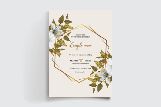 WEDDING INVITATION FRAME WITH FLOWER DECORATIONS AND FRESH LEAVES
