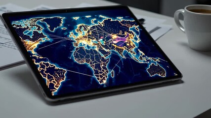 Poster - Illuminated world map displayed on a sleek tablet, highlighting interconnected global networks and dynamic data flow within a contemporary business environment