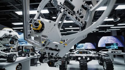 Poster - Male engineers and scientists working on a mars rover prototype in a space engineering facility are assembling, programming and testing a robotic arm