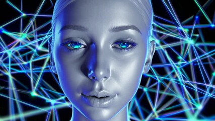 Poster - Silver female android with closed purple eyes is connecting to a digital network of blue lines, representing the future of artificial intelligence and its integration with technology