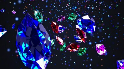 Poster - Colorful diamonds of different sizes are falling against a black background, creating a luxurious and celebratory atmosphere with glittering particles enhancing the visual appeal