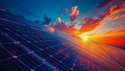 Solar panel array at sunset, renewable energy source, clean energy technology
