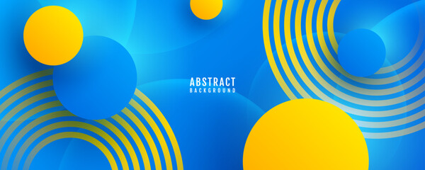 Poster - 3D blue yellow abstract background overlap layer on bright space with circles effect decoration. Modern graphic design element cutout style concept for web banner, art, flyer, card, or brochure cover