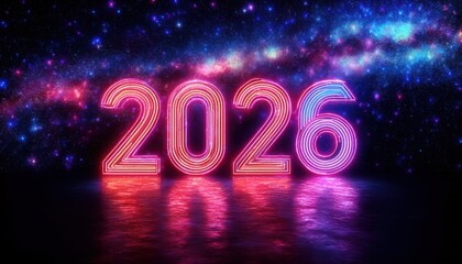 Poster -  futuristic neon 2026 happy new year design with glowing typography and cosmic background for web, print, poster, or branding visuals in digital media