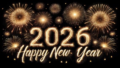 Poster - golden 2026 happy new year fireworks celebration with sparkling text and glowing explosions on black background for festive banner, greeting card, or digital graphic

