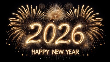 Poster - golden 2026 happy new year fireworks celebration with sparkling text and glowing explosions on black background for festive banner, greeting card, or digital graphic

