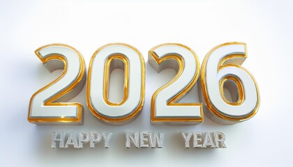 Poster - sleek silver and gold 2026 happy new year text design with metallic 3d style on white background for modern celebration banner, print poster, or digital branding

