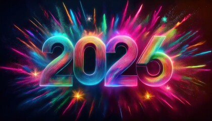 Poster - vibrant 2026 new year celebration design with neon light typography and exploding colorful powder bursts on dark background for festive branding, print, or digital graphic

