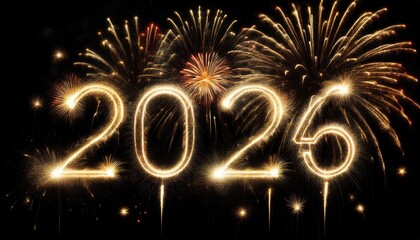 Poster - glowing 2026 sparkler digits with golden fireworks burst on black background for new year celebration design, ideal for greeting card, banner, or festive branding


